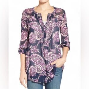 Lucky Brand semi sheer boho paisley print blouse, pintuck detail split v-neck M